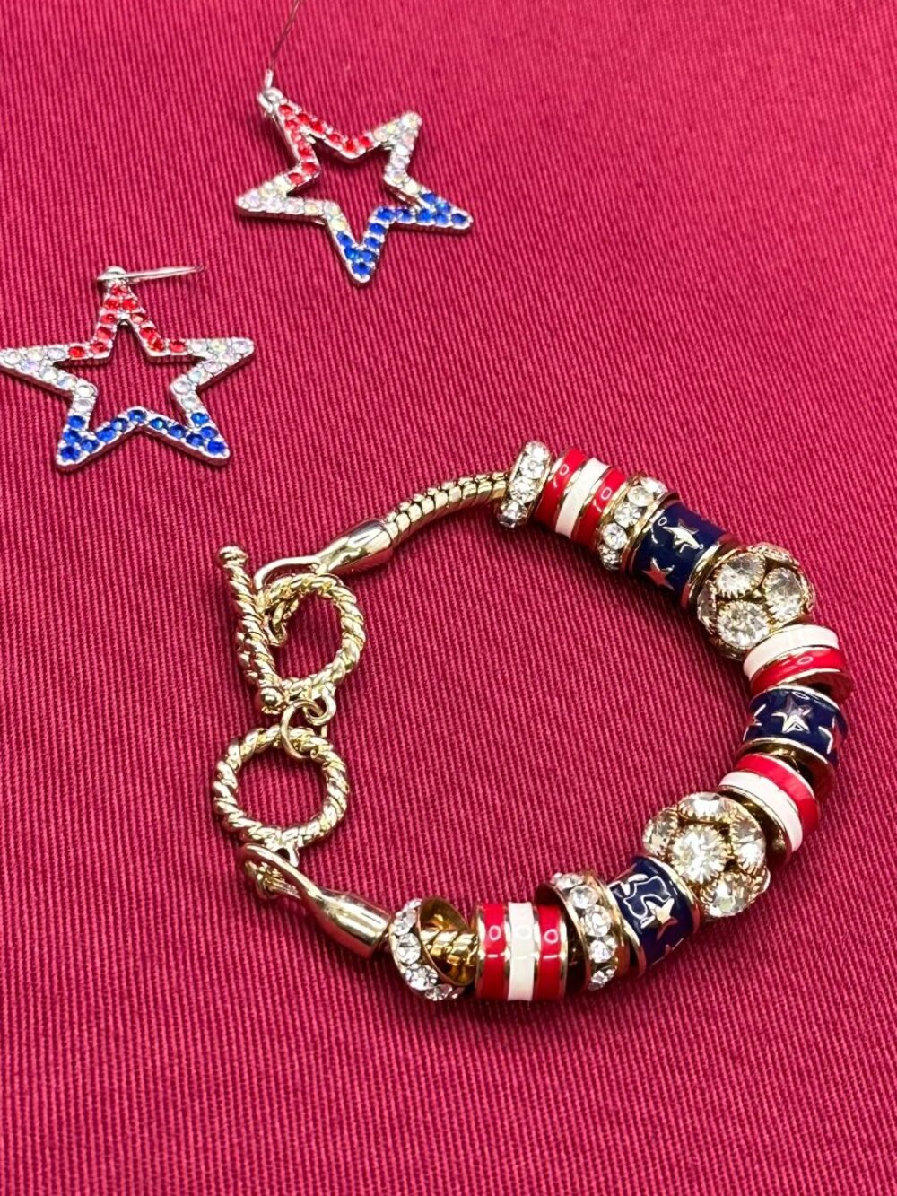 Patriotic Theme RW&B Slide Charm Bracelet & RW&B Star Earrings